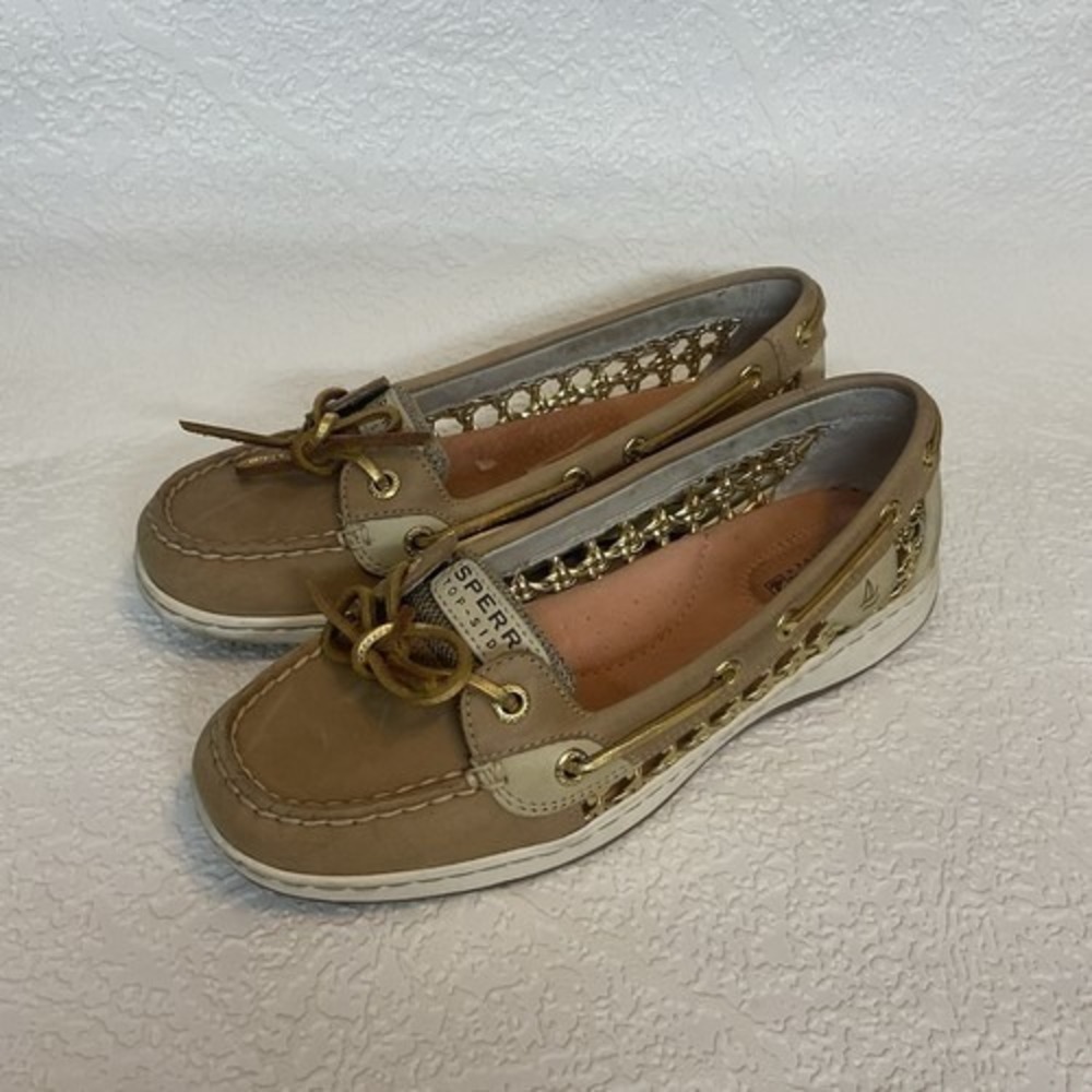 Sperry Top Sider Angelfish Tan/Gold Cage Boat Shoe Women 7M China Leather/Fabric